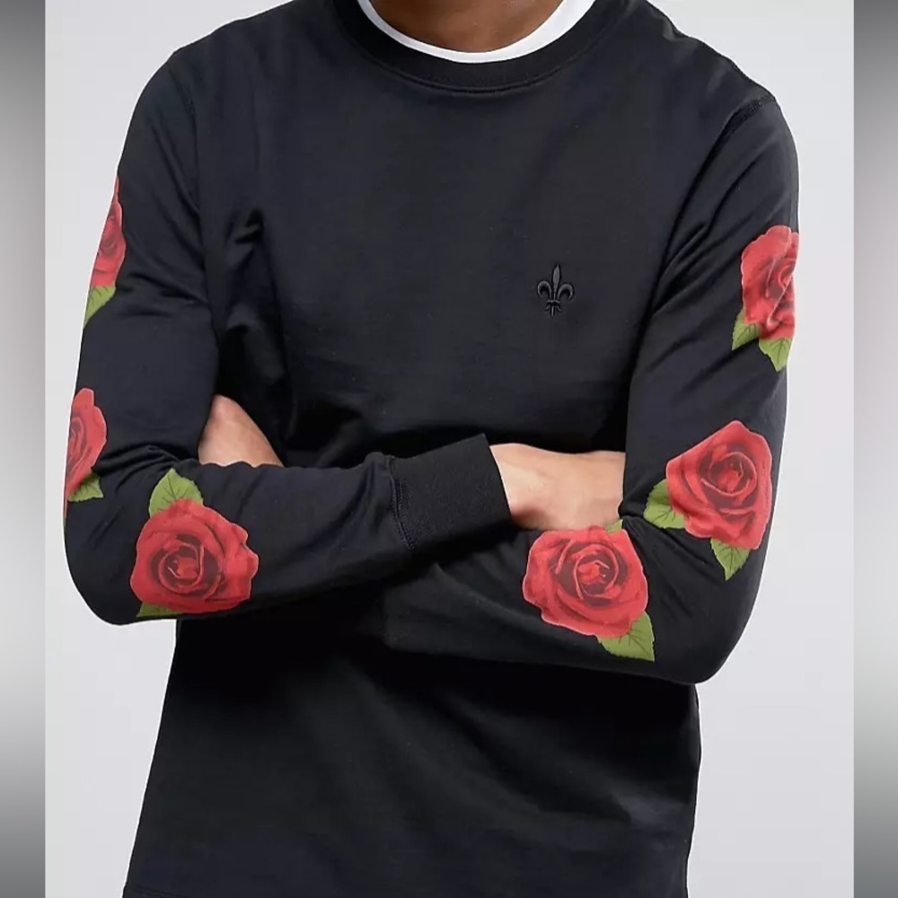 Asos Criminal Damage Long Sleeve T-Shirt In Black With Rose Sleeve Print